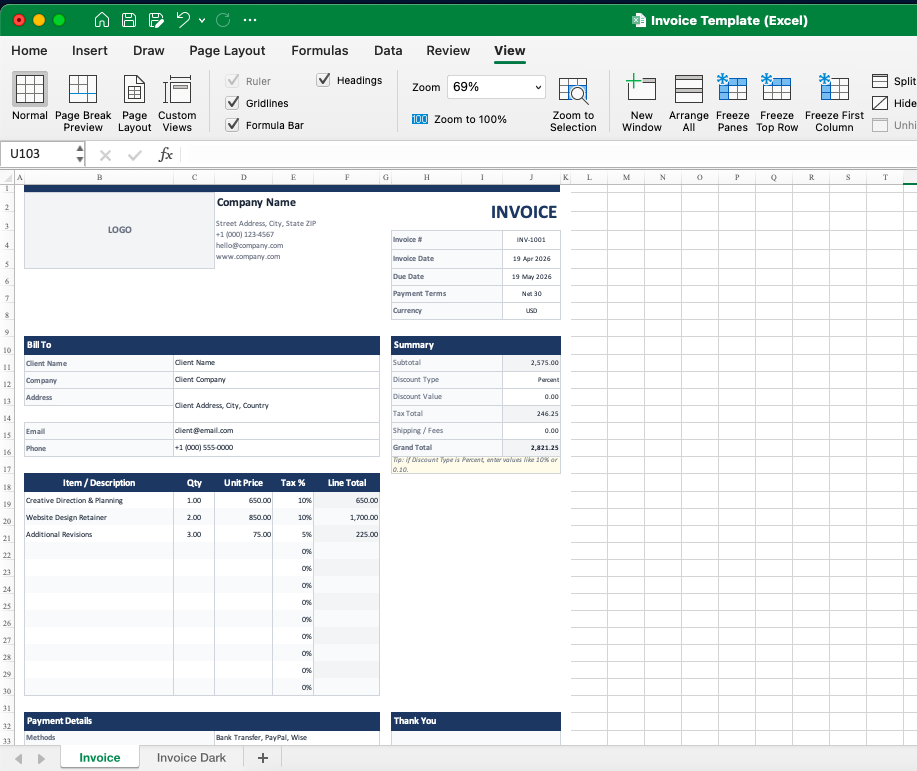 professional invoice template in excel