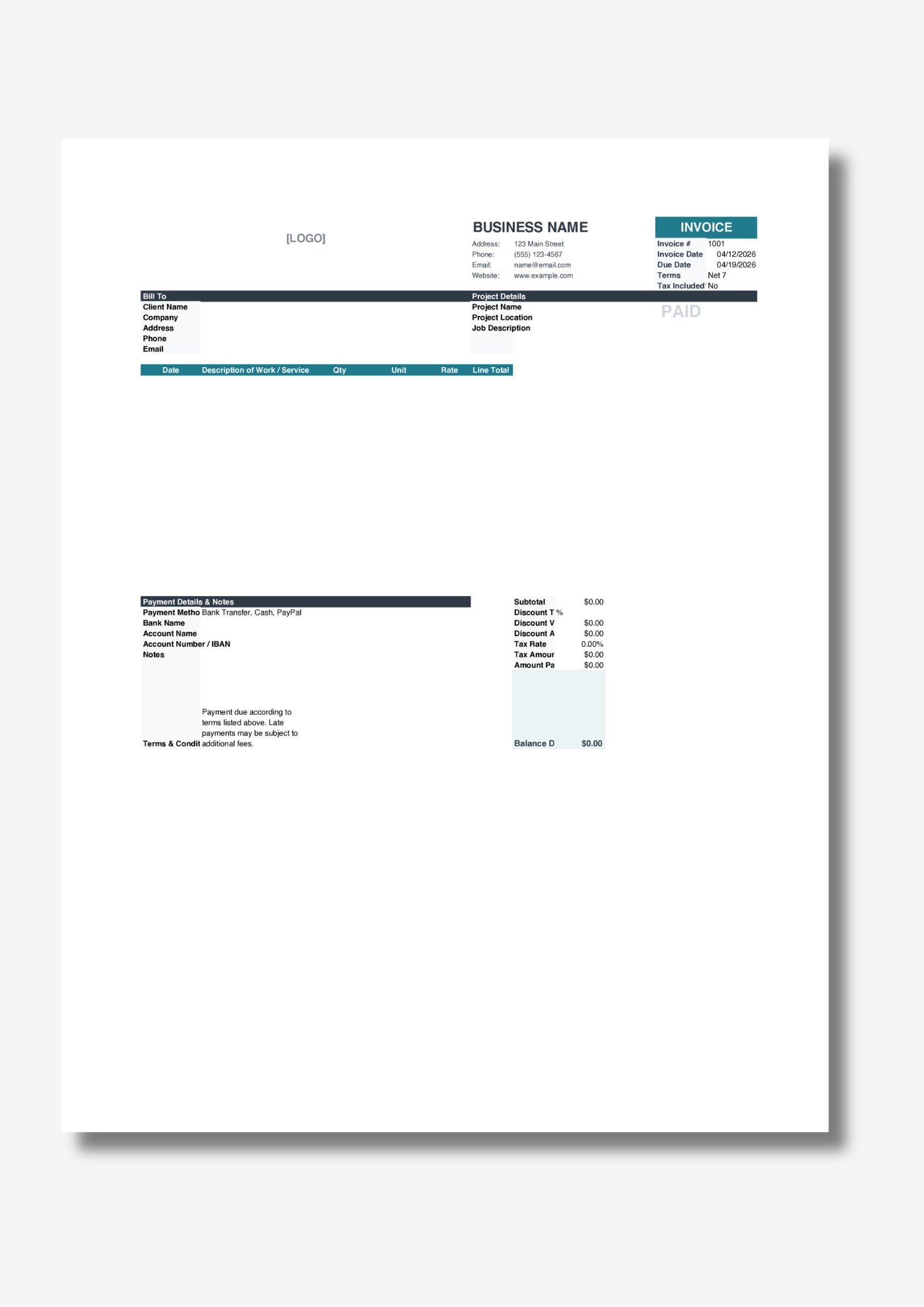 Professional Contractor Invoice template